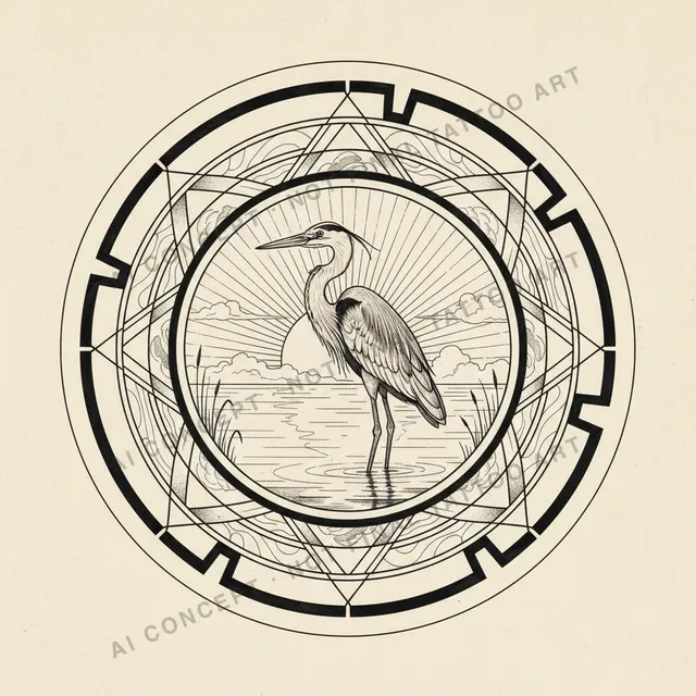 Anchored Emblem — AI concept direction for "a great blue heron standing in still water, fine line, inner forearm", not final tattoo art