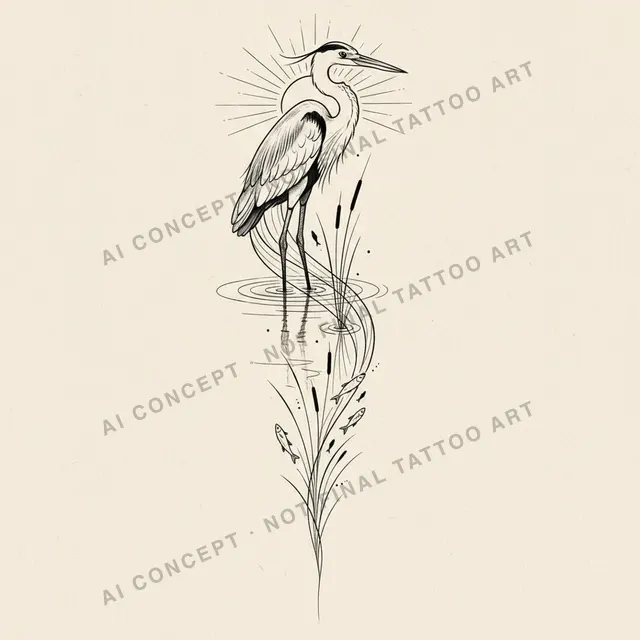 Organic Flow — AI concept direction for "a great blue heron standing in still water, fine line, inner forearm", not final tattoo art