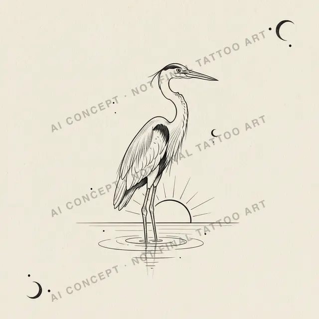 Minimal Structure — AI concept direction for "a great blue heron standing in still water, fine line, inner forearm", not final tattoo art