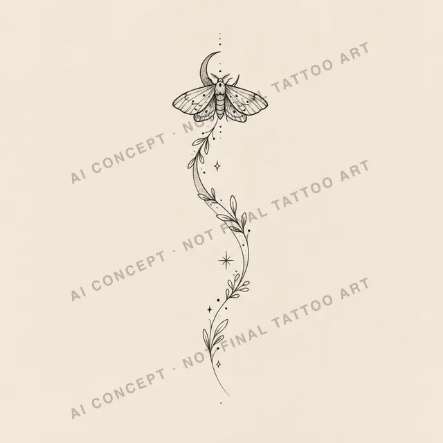 Organic Flow — AI concept direction for "a small moth with a crescent moon, dotwork, upper arm", not final tattoo art