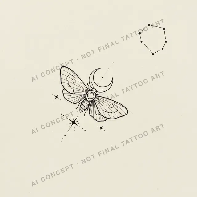 Minimal Structure — AI concept direction for "a small moth with a crescent moon, dotwork, upper arm", not final tattoo art